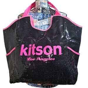 Y2K Kitson Los Angeles Black and Pink Patent Sequin Tote Shoulder Bag